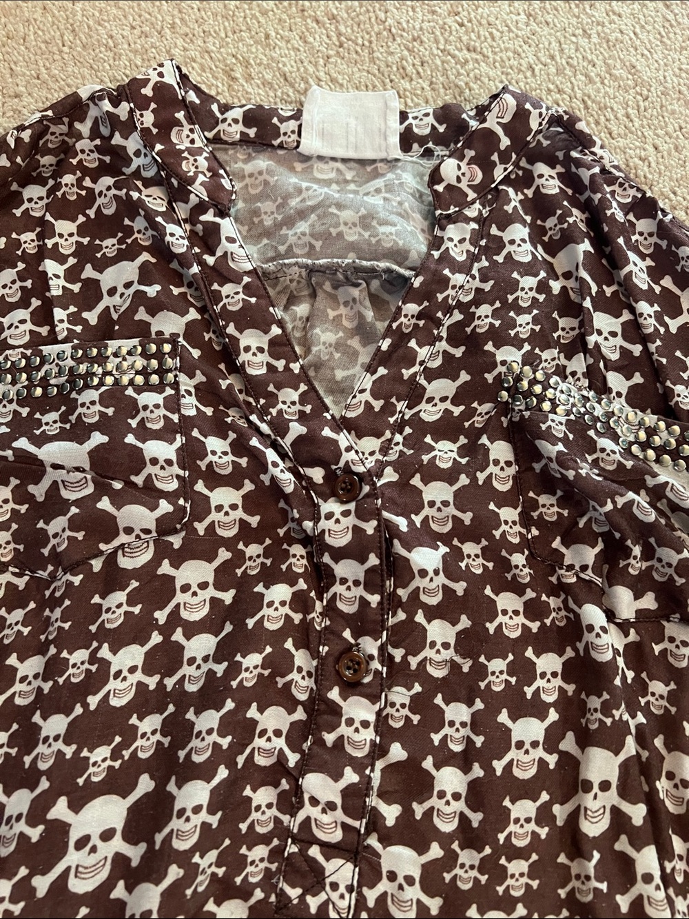 Women's Brown Skull Print Blouse with Stud-Embellished Pockets